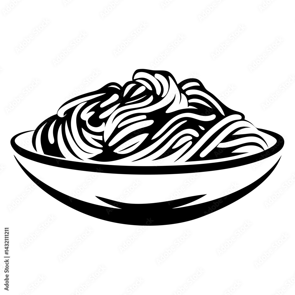 Monochrome image of spaghetti in a bowl presented as a simple illustration Monochrome image of spaghetti in a bowl presented as a simple illustration
