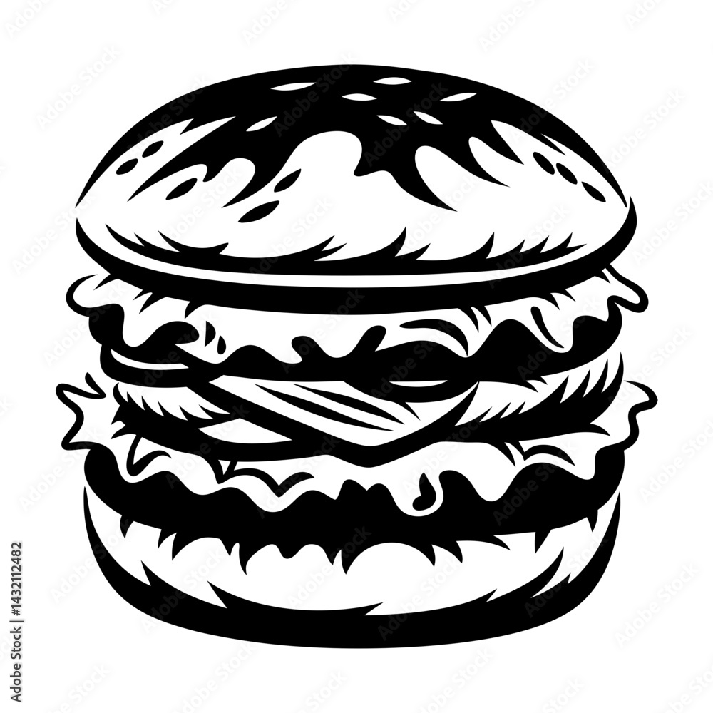 Monochrome depiction of a towering, delicious burger with layers of ingredients Monochrome depiction of a towering, delicious burger with layers of ingredients