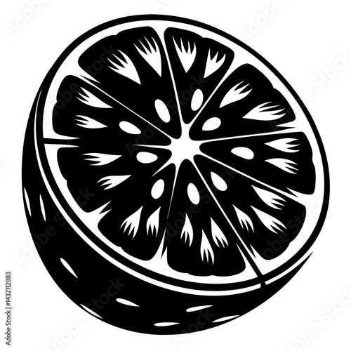 Bold black and white illustration of a crosssection of a citrus fruit