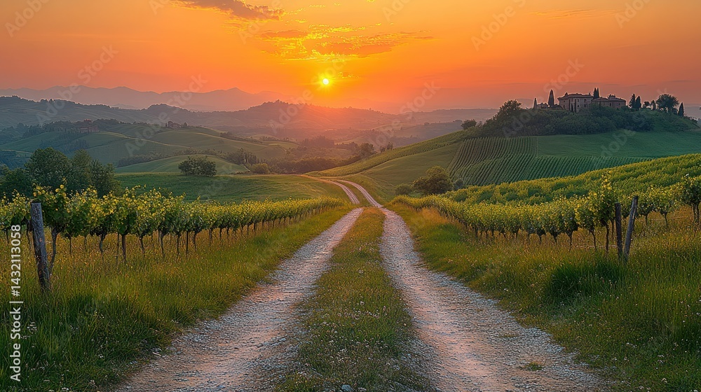 Fototapeta premium Tuscan Sunset: Vineyard Road to Tranquility
