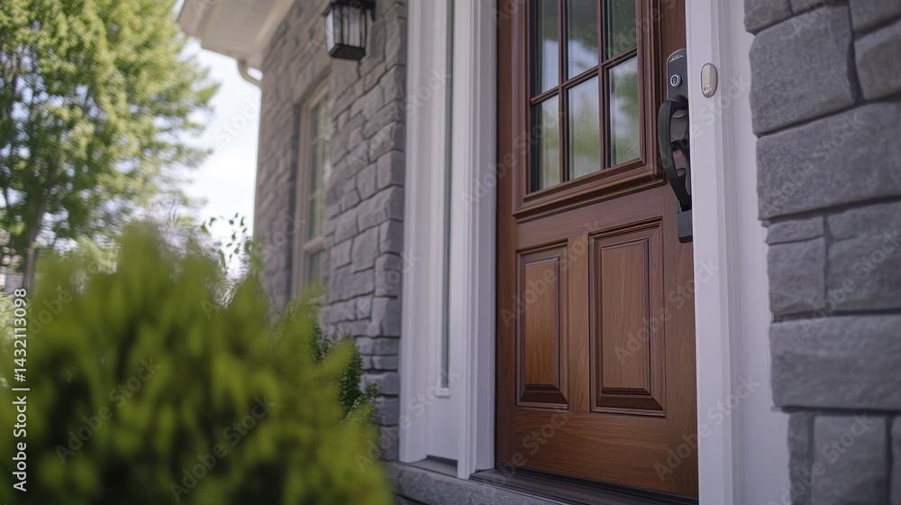 Fototapeta premium Close-up of smart door lock with keypad and fingerprint scanner installed on front door
