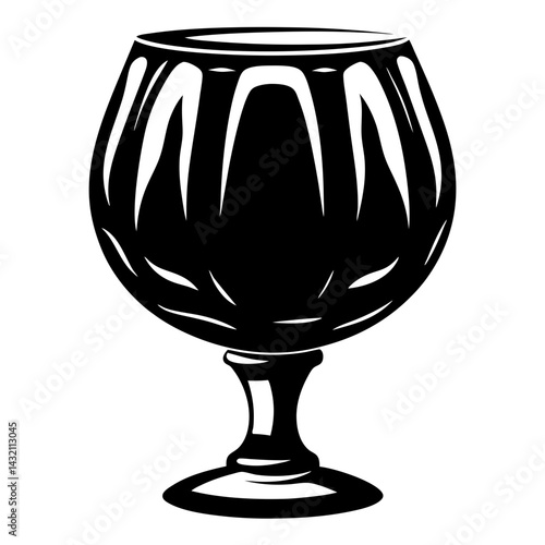Stylized brandy snifter illustration in black and white with abstract design