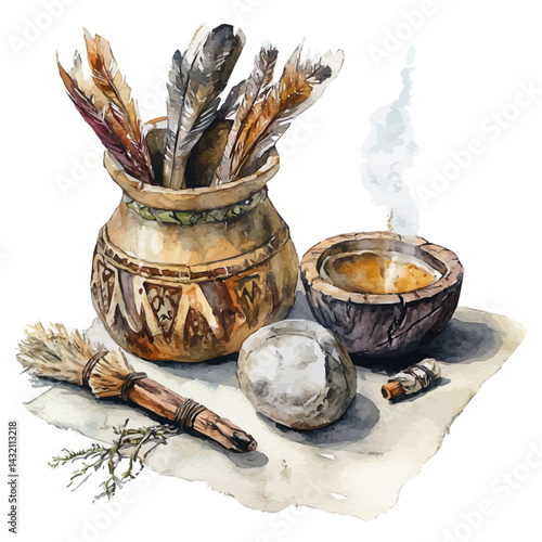 Shamans Ritual Objects, vector watercolor illustration, isolated on a white background.