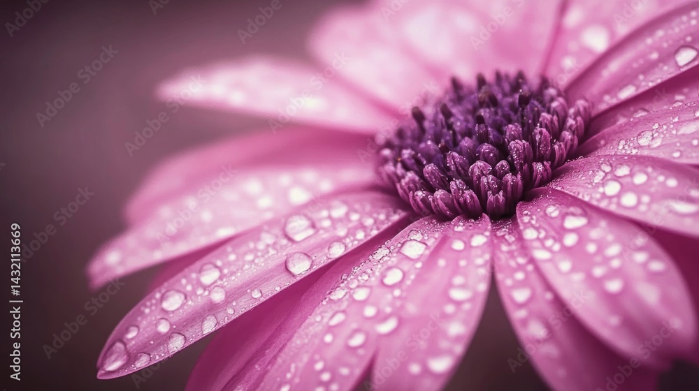 Close-up of a vibrant pink flower covered in water droplets. Close-up of a vibrant pink flower covered in water droplets.