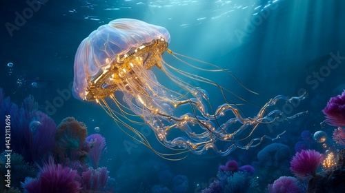 Robotic jellyfish illuminating a vibrant underwater world in radiant colors