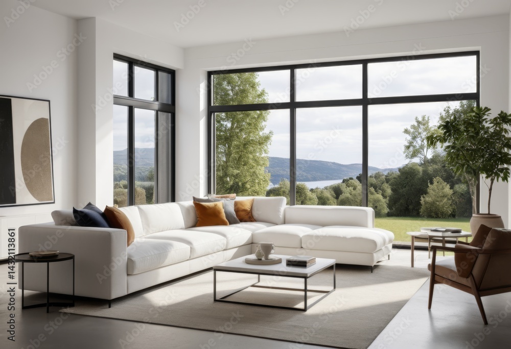 Fototapeta premium View of living room with sofa chair coffee table and a large window