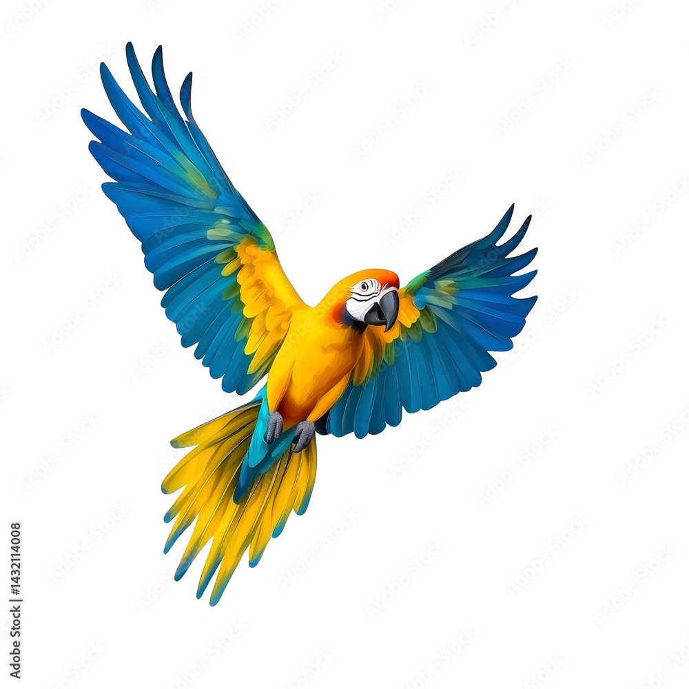 Fototapeta premium vibrant macaw with striking blue and yellow feathers is captured mid flight, showcasing its colorful plumage and graceful wingspan. parrot dynamic pose conveys sense of freedom and energy