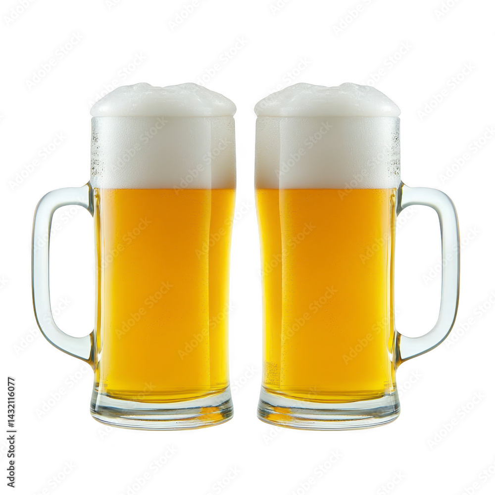 Two frothy beer mugs filled with golden beer stand side by side, showcasing refreshing and inviting appearance. clear glass highlights vibrant color and foam Two frothy beer mugs filled with golden beer stand side by side, showcasing refreshing and inviting appearance. clear glass highlights vibrant color and foam