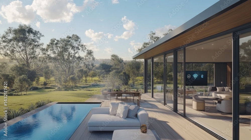 Fototapeta premium Open-plan living room showing scenes activated by automation system