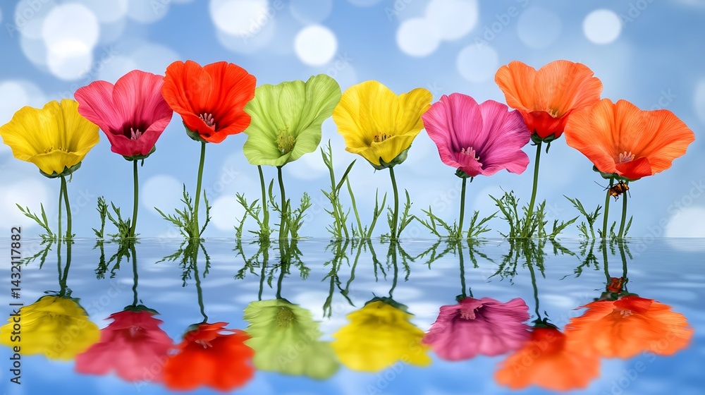 Fototapeta premium Vibrant Rainbow Flowers Reflection in Water