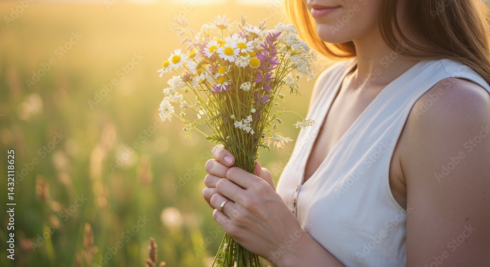 Woman holds a bouquet of wildflowers in golden sunlight. Woman holds a bouquet of wildflowers in golden sunlight.