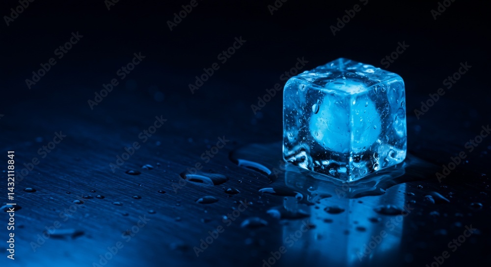 Cool ice cube melting on dark surface with water droplets around it Cool ice cube melting on dark surface with water droplets around it