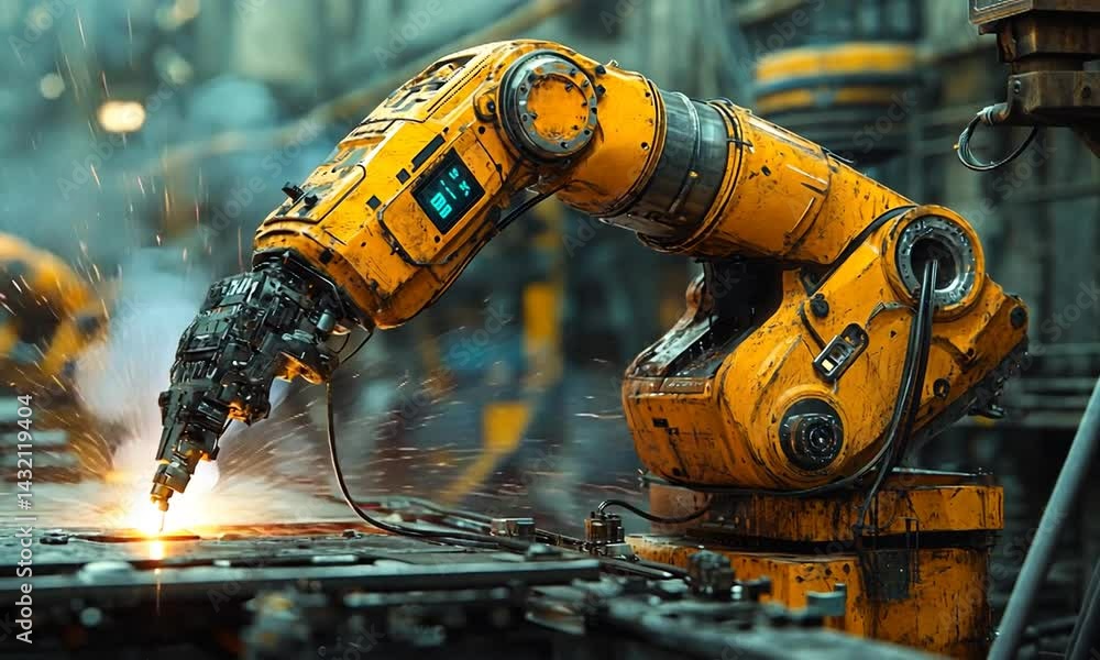 Industrial robotic arm performing precision welding in a busy manufacturing facility Industrial robotic arm performing precision welding in a busy manufacturing facility