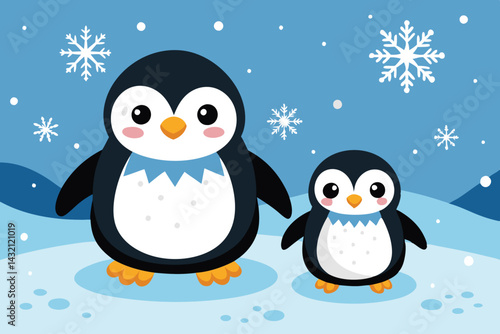 Cute vector illustration featuring three playful penguins in a snowy landscape with trees, snowflakes, and a wintery background
