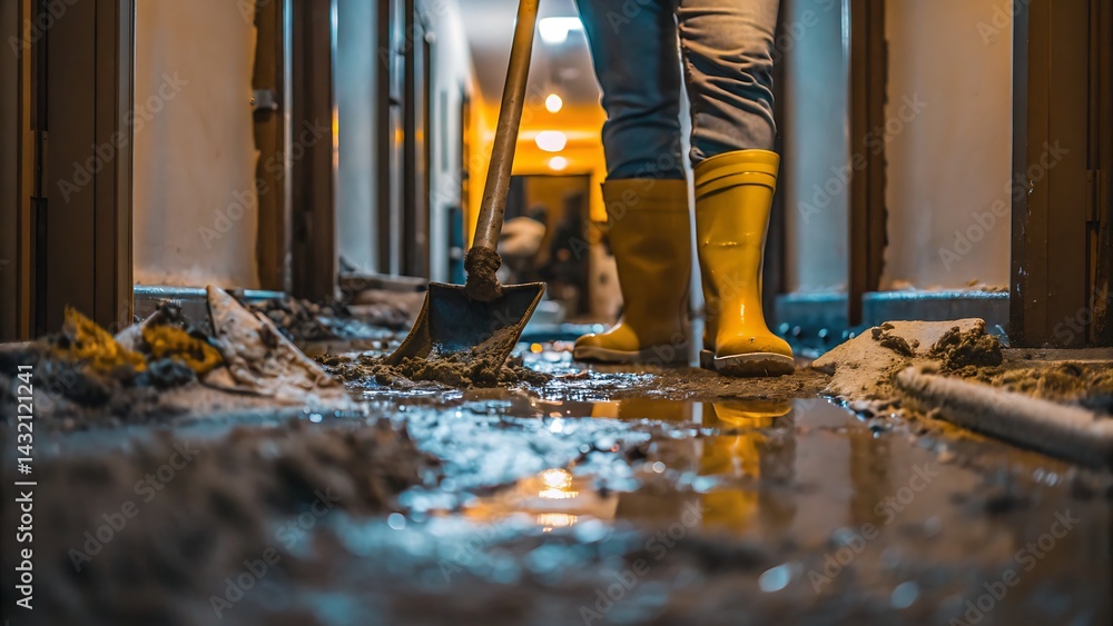Cleanup Worker in Yellow Boots Scoops Mud after Flood Damage Cleanup Worker in Yellow Boots Scoops Mud after Flood Damage