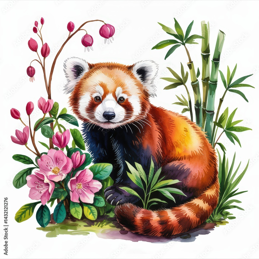 Obraz premium Charming Watercolor Illustration of a Red Panda Surrounded by Vibrant Flowers and Bamboo