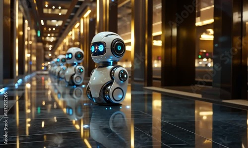 Futuristic hallway with autonomous robots assisting guests in a luxury hotel setting