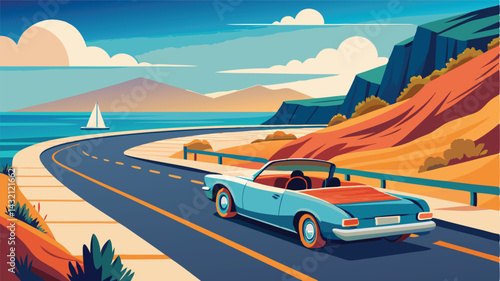 Ocean view driving along a coastal road with a vintage car in a vibrant vector illustration during a sunny day