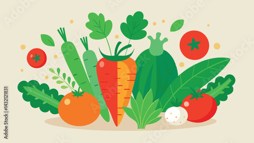 Colorful vector illustration of fresh vegetables and greens arranged artistically with a light backdrop, showcasing nature's bounty in a vibrant and playful style