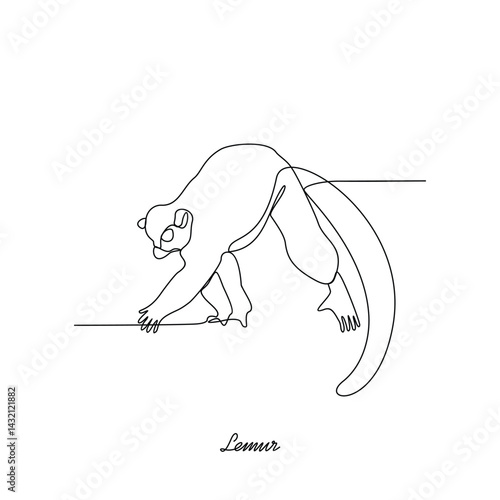 One continuous line drawing of Lemur primates animal vector illustration. Primates animal themes in simple linear style vector design concept. Lemur for your asset design and educational purpose.