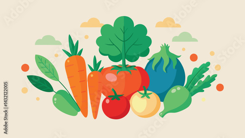 Colorful vector illustration of fresh vegetables and greens arranged artistically with a light backdrop, showcasing nature's bounty in a vibrant and playful style
