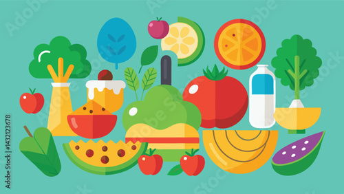Colorful vector illustration of fresh fruits, drinks, and snacks arranged in an appealing and vibrant display against a cheerful background