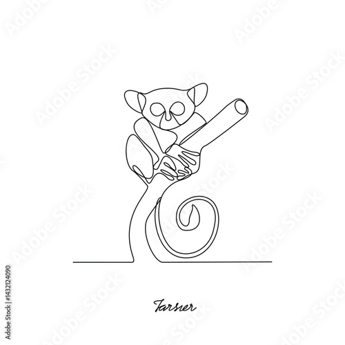 One continuous line drawing of Tarsier primates animal vector illustration. Primates animal themes in simple linear style vector design concept. Tarsier for your asset design and educational purpose.