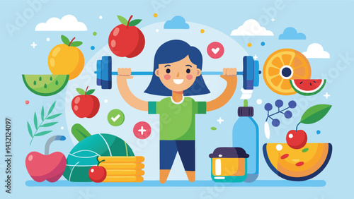 Vector illustration of a healthy lifestyle featuring a man lifting weights surrounded by fruits, vegetables, and fitness items in a colorful, vibrant setting