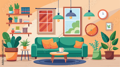 Cozy living room with green sofa, plants, and decorative elements in a bright, inviting atmosphere during daytime