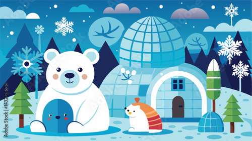 Cute polar bear family in a winter landscape with igloos and snow-covered mountains during a serene day