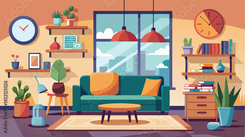Cozy living room with green sofa, plants, and decorative elements in a bright, inviting atmosphere during daytime