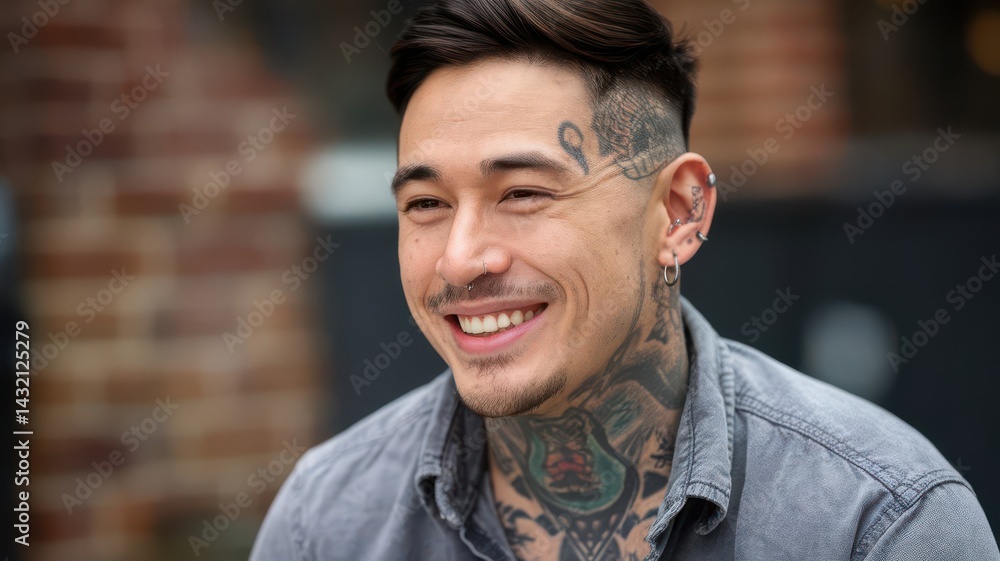 Portrait of a smiling man with tattoos and piercings showing his authentic personality Portrait of a smiling man with tattoos and piercings showing his authentic personality