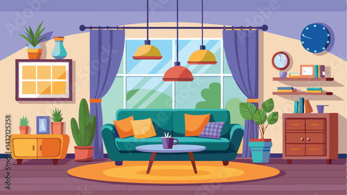 Cozy living room with green sofa, plants, and decorative elements in a bright, inviting atmosphere during daytime