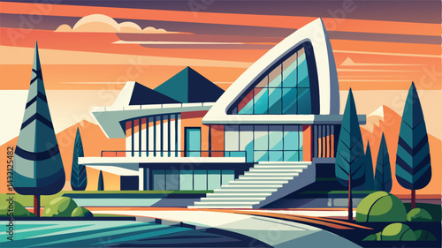 Modern architectural design of a sleek house surrounded by nature during a vibrant sunset with scenic mountains in the background
