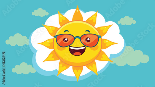 Bright sun with glasses smiling cheerfully over fluffy clouds in a clear blue sky during a sunny day outdoors