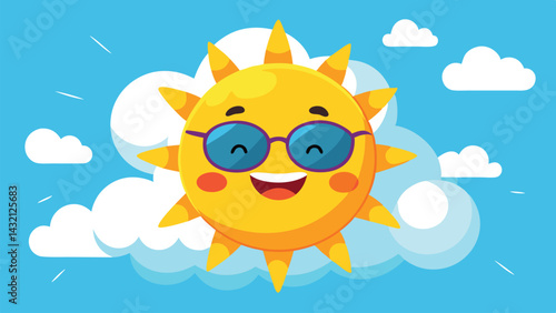 Bright sun with glasses smiling cheerfully over fluffy clouds in a clear blue sky during a sunny day outdoors