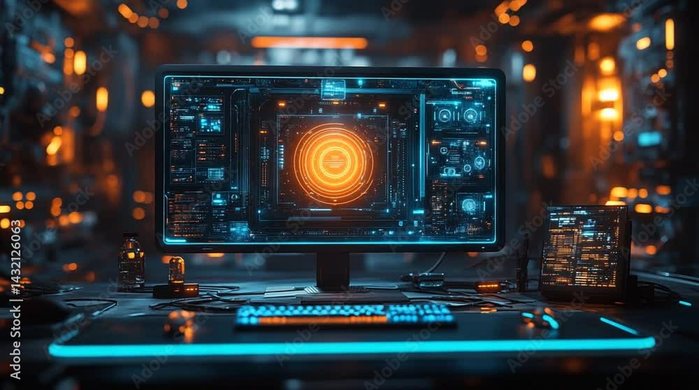 Futuristic workspace featuring a glowing computer monitor with intricate circuitry and a vibrant display Futuristic workspace featuring a glowing computer monitor with intricate circuitry and a vibrant display