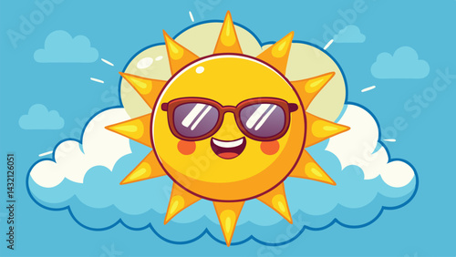 Bright sun with glasses smiling cheerfully over fluffy clouds in a clear blue sky during a sunny day outdoors