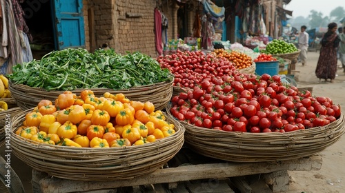 Vibrant Vegetable Market Scene in Rural India: A Colorful Display of Fresh Produce