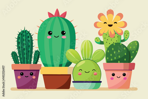 Cute vector illustration of smiling cacti in colorful pots on a light green background featuring friendly expressions and cartoon style