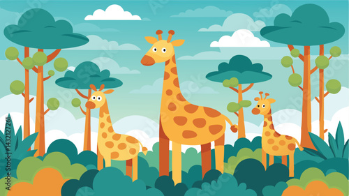 Joyful family of giraffes in a vibrant forest background surrounded by lush trees and playful clouds on a sunny day