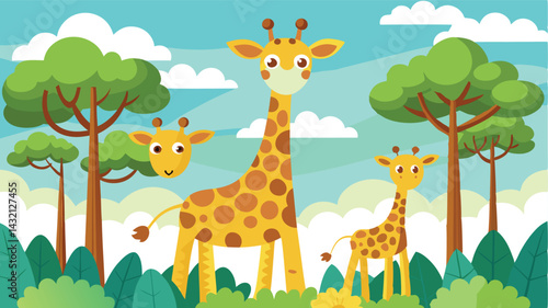Joyful family of giraffes in a vibrant forest background surrounded by lush trees and playful clouds on a sunny day
