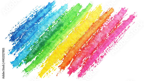 Vibrant watercolor stripes in rainbow colors on a transparent background, featuring blue, green, yellow, orange, and pink hues with a textured, brush-stroke effect.