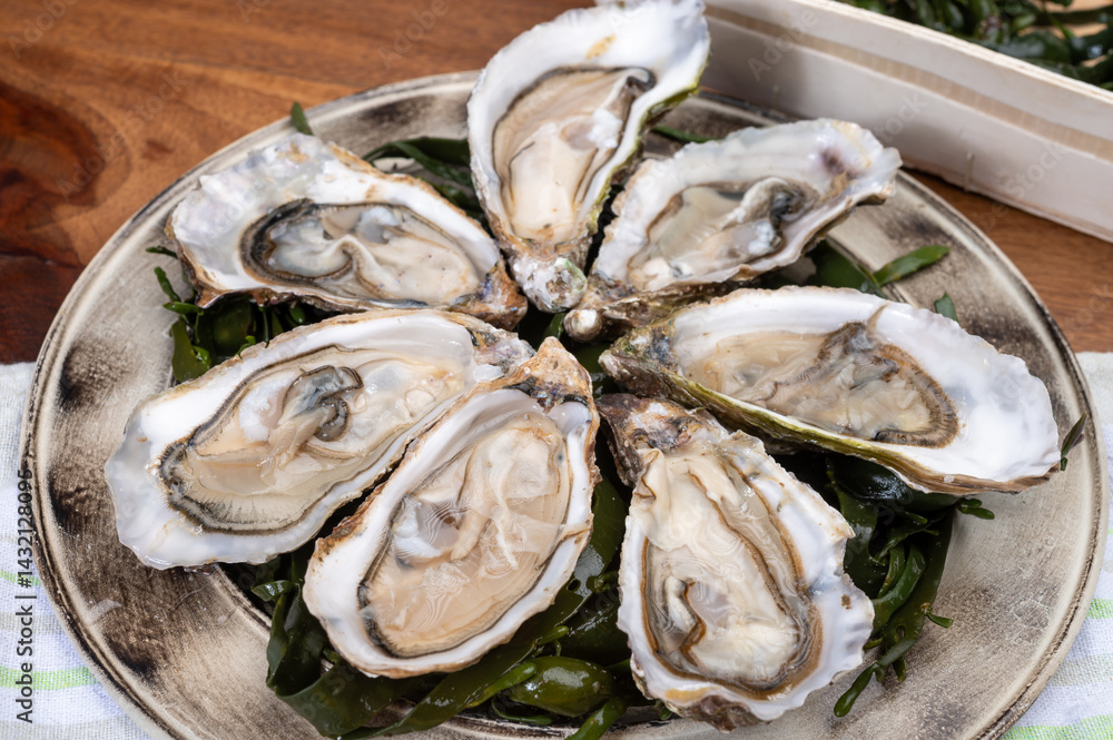 Plate with opened fresh live raw Fine de Claire Oleron oysters seashells served oyster-farming village, Marennes Oleron area, France Plate with opened fresh live raw Fine de Claire Oleron oysters seashells served oyster-farming village, Marennes Oleron area, France