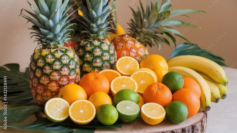A vibrant assortment of tropical fruits presented on a rustic wooden platter A vibrant assortment of tropical fruits presented on a rustic wooden platter