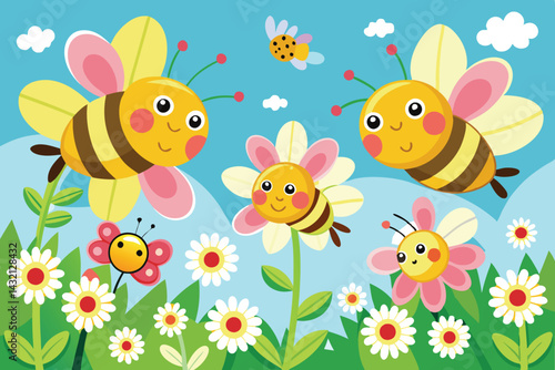 Colorful vector illustration featuring cheerful bees buzzing around vibrant flowers in a lush garden during a sunny day