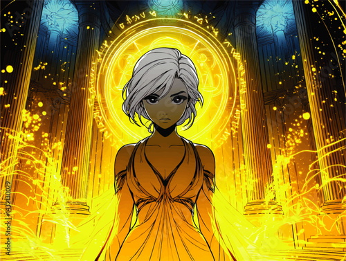 Powerful Anime Sorceress in Glowing Golden Magic Circle, Fantasy Art Illustration with Mystical Ancient Columns and Light Effects