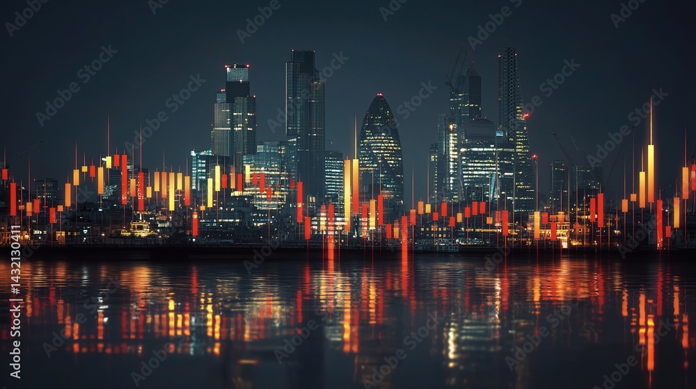 Financial Dashboards Illuminating City Skyline at Night Financial Dashboards Illuminating City Skyline at Night