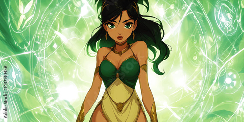 Enchanting Anime Sorceress with Emerald Eyes and Magical Energy – Dynamic Fantasy Illustration on Green Abstract Background
