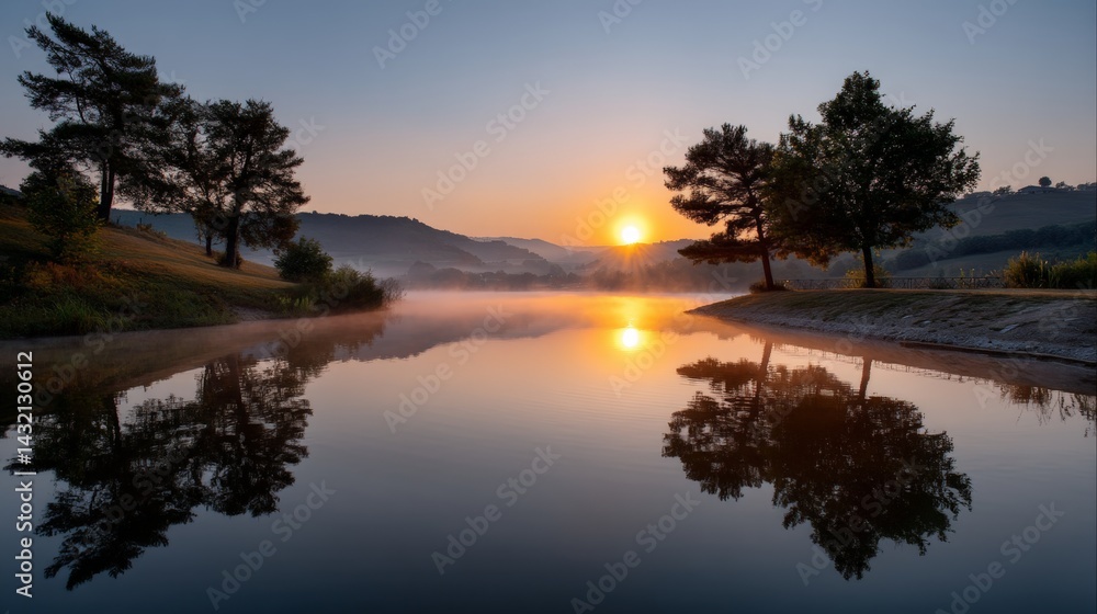 Obraz premium Stunning Sunrise Over a Tranquil Lake with Mist Rising